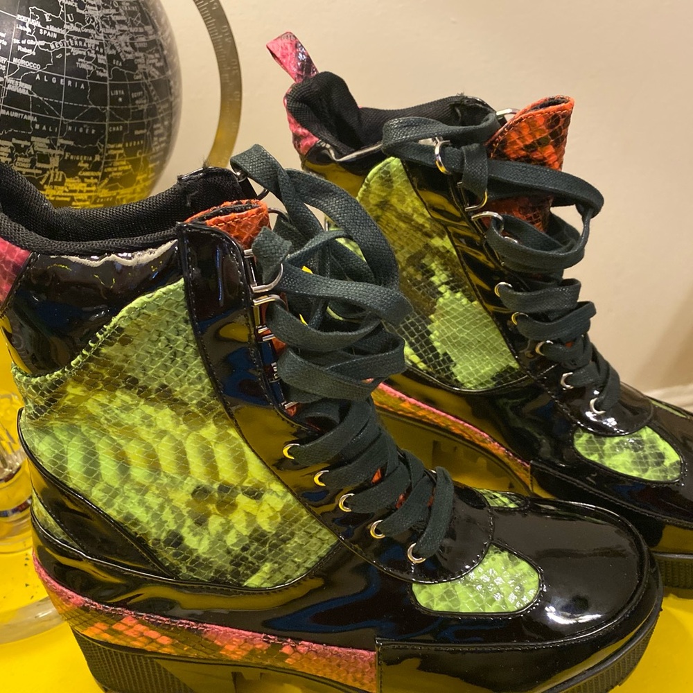 Multicolored Faux Snake Print Combat Boots